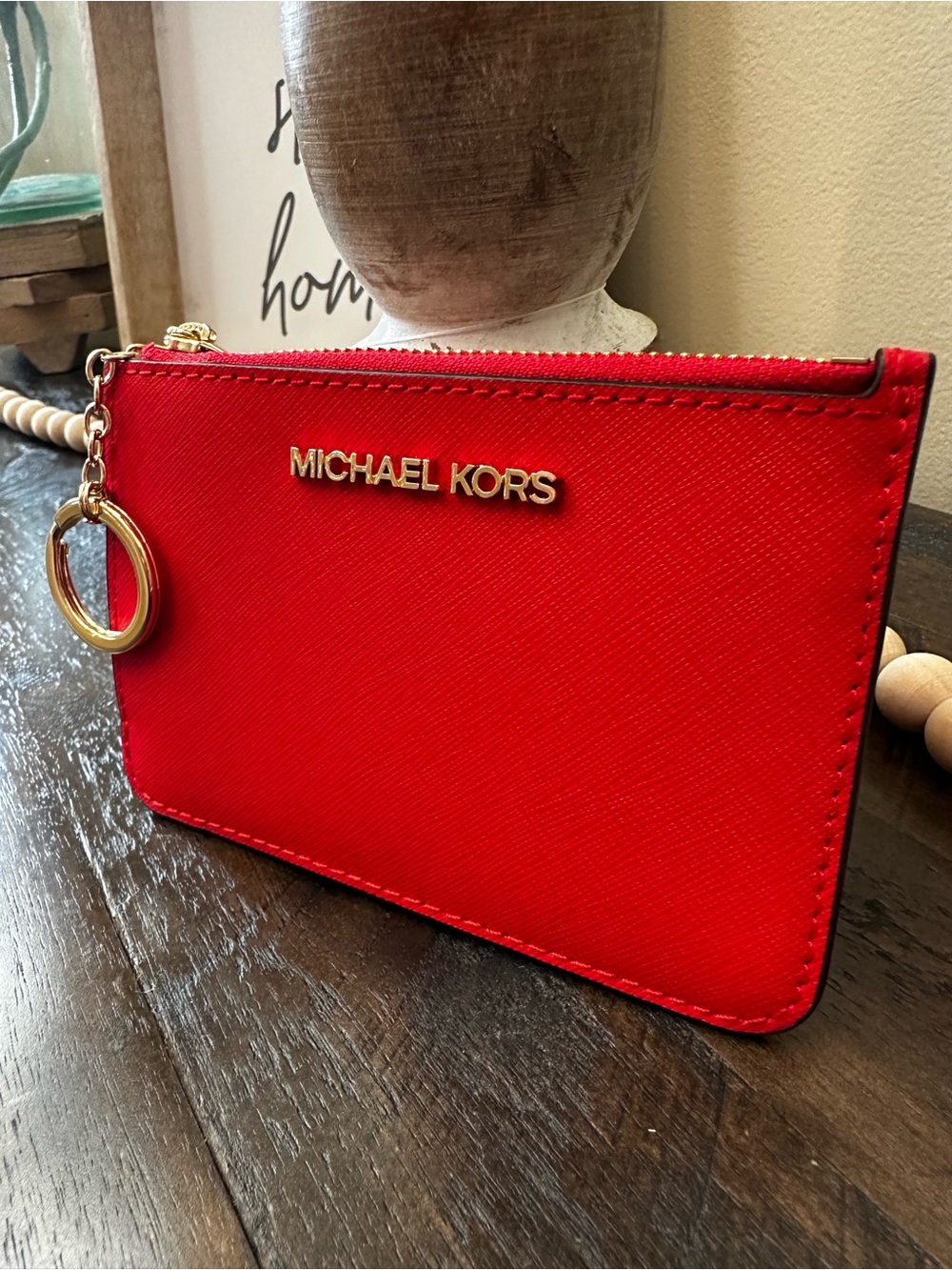 Michael Kors Red Card Holder Wristlet Zip Pouch Gold Hardware